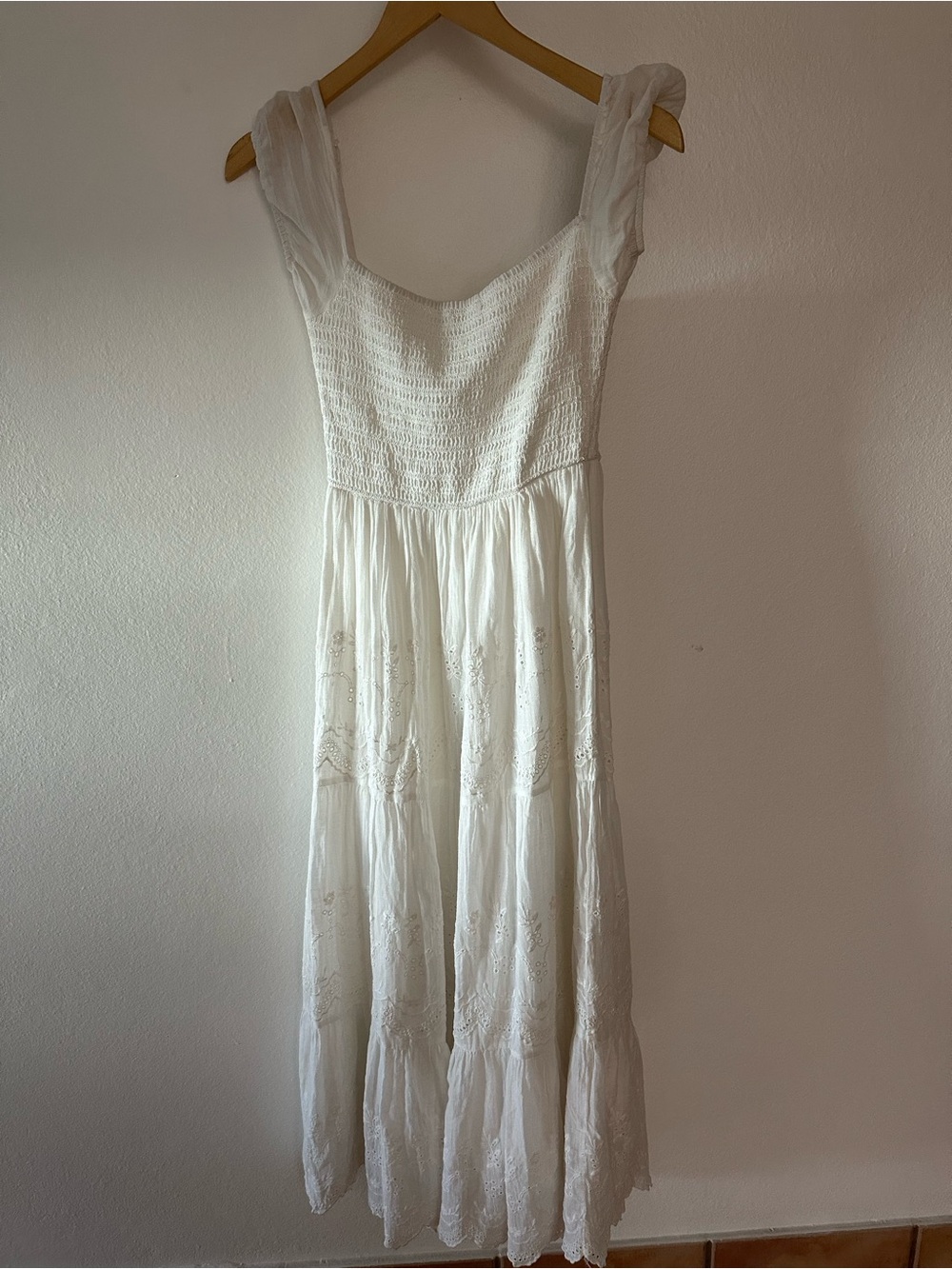 White Women’s Maxi Dress with Smocked Bodice, embroidered flowers, extra small.